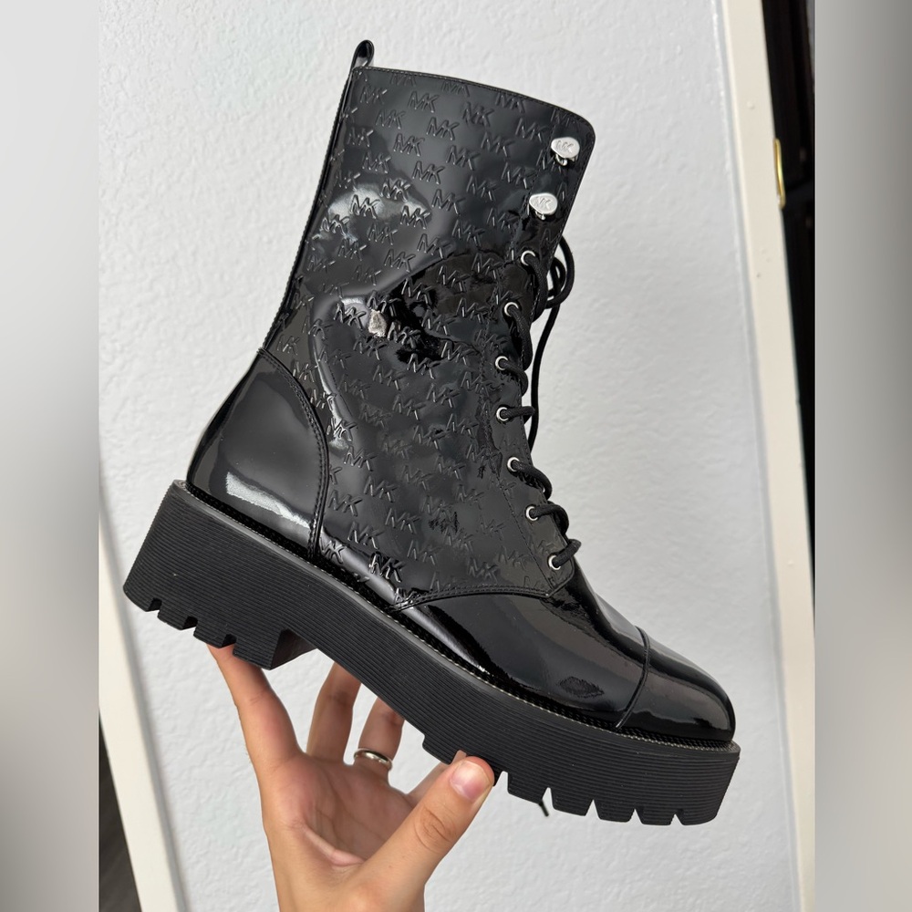 Michael Kors Stark Black Patent MK Logo Combat Boots - Size 11M